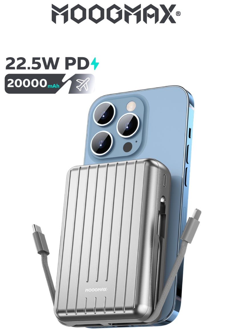 موجماكس باور بنك لاسلكي مغناطيسي من سلسلة trunk بسعة 20000mAh والجهد 22.5W فائق الشحن وكبلان مدمجان مع شحن لاسلكي بجهد 15 واط و 3 منافذ خارجية 1 Type-c و 1 Type-A ومنفذ لايتنينج(ايفون) لشحن الباوربنك. فضي - Image 1